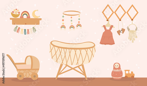 Children's room for a girl in boho style. Vector illustration in a flat style. The concept of the interior of the children's room.