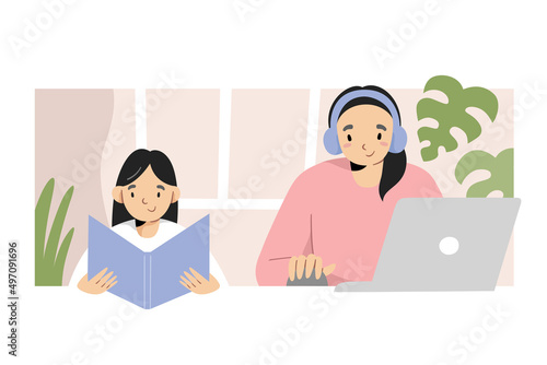 Asian mother freelancer working at home using laptop, wearing headphones while her daughter sitting doing homework, home schooling concept, remote job freelance concept, vector cartoon illustration