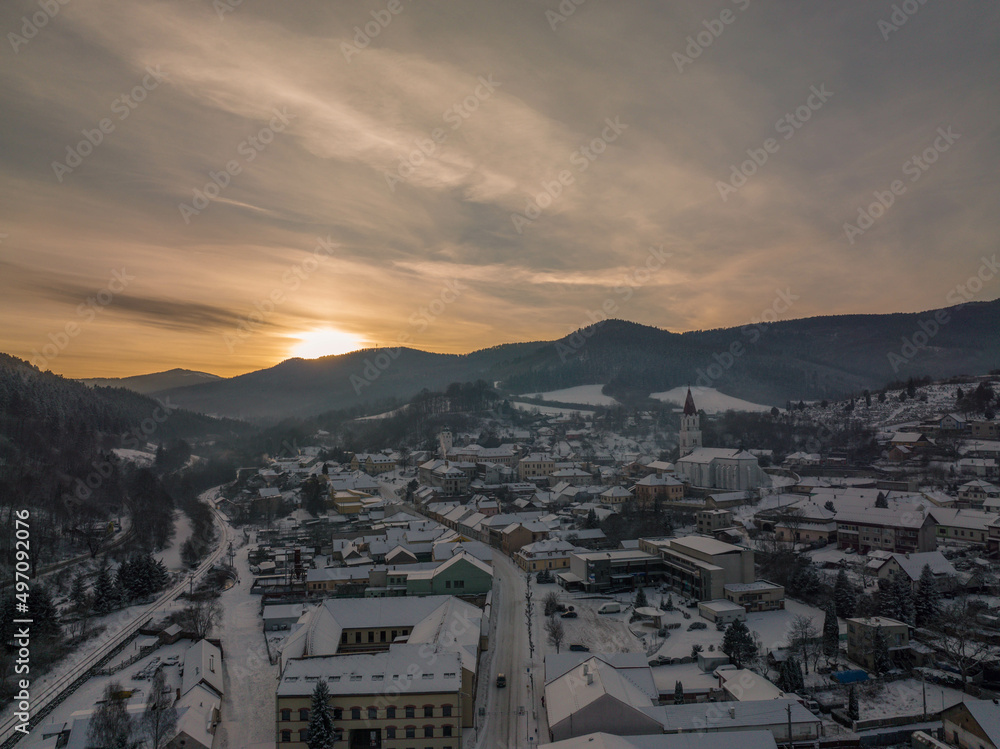Aerial View of the sunset in Gelnica city in Slovakia