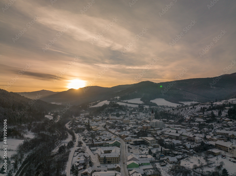 Aerial View of the sunset in Gelnica city in Slovakia
