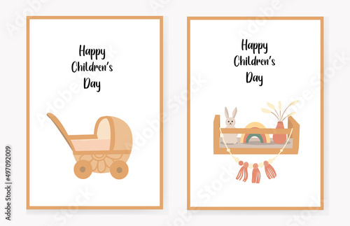 set of invitation cards for children with a shelf with toys and decor and a stroller, happy Children's Day. congratulation. Vector illustration