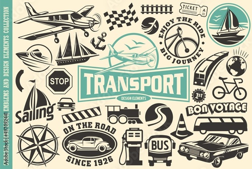 Set of transportation icons, logos, symbols, emblems, signs and design elements. Travel vector objects and vehicles. Various car, boat, airplane, train,bus, bicycle, ship, railroad and road graphics.