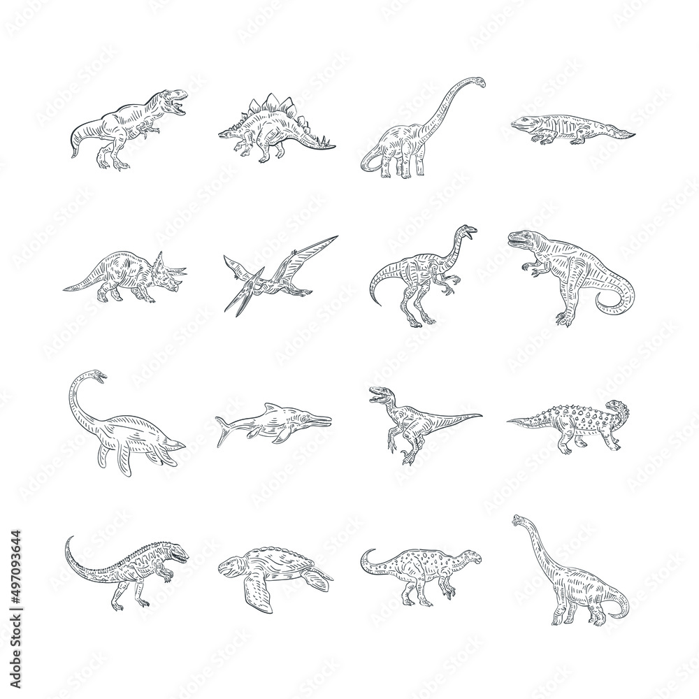 Fototapeta premium Happy cartoon dinosaur character set. A flat set of 16 wild dinosaur icons on a white background