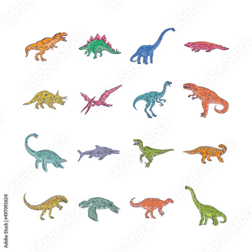 Happy cartoon dinosaur character set. A flat set of 16 wild dinosaur icons on a white background