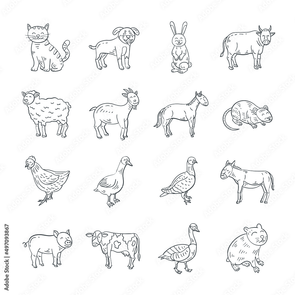 Obraz premium Set with different farm animals in a linear doodle style. Vector image with isolated pets on a white background.