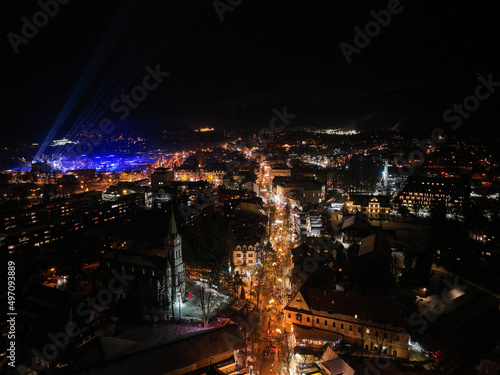 Aerial night view of the city of Zakopane in Poland