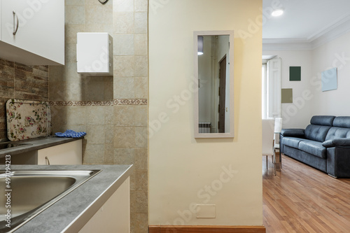 Stainless steel sink in a small kitchen open to a living room with parquet flooring and a three-seater black leather sofa