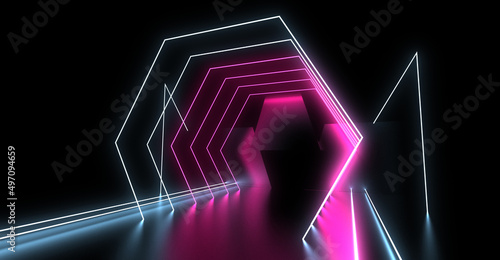 3D abstract background with neon lights. neon tunnel  .space construction . .3d illustration