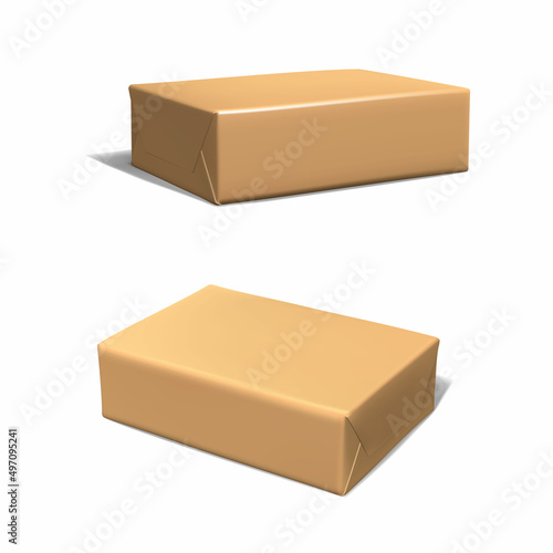 3d realistic vector icon set. Set cardboard brown rectangular boxes in side and top view. Isolated on white background.
