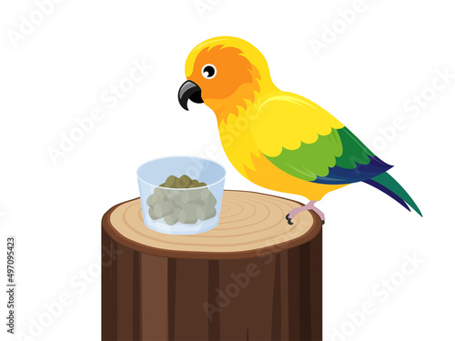 エサを食べるコガネメキシコインコのイラスト