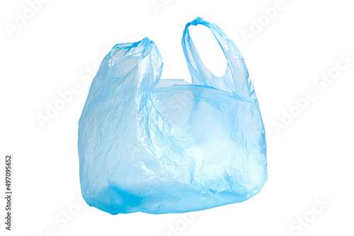 Plastic bag with handles on a white background. The used plastic bag may be recyclable. Recycling of plastic waste into pellets as a business.