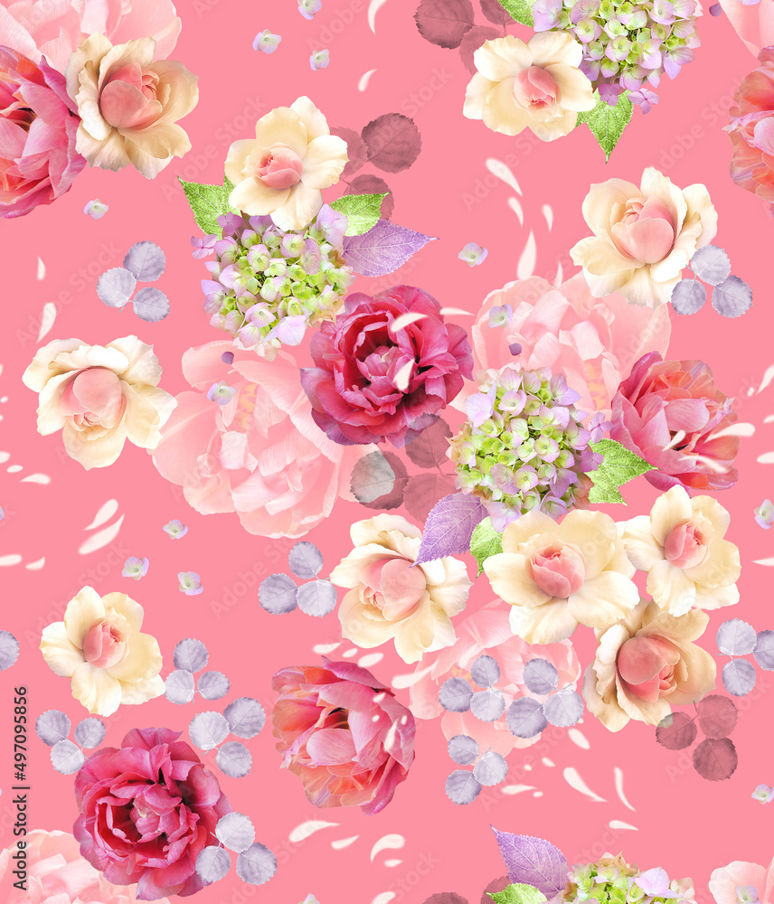 Fashion digital pattern photo print rose and tulip flowers - abstract  bright floral ornament on pink background.