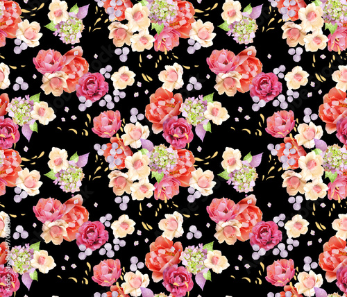 Fashion digital pattern photo print rose and tulip flowers - abstract  bright floral ornament on black background. © Arina