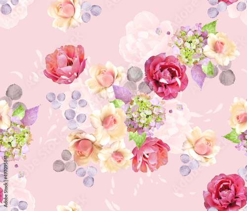 Fashion digital pattern photo print rose and tulip flowers - abstract  bright floral ornament on light pink background.