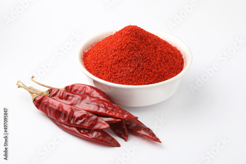 Indian spice Red chilli powder in white ceramic bowl