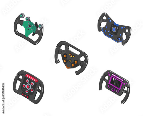Auto steering wheel in isometry. Set of different auto steering wheels. Racing steering wheels in isometrics. 3d vector steering wheels in cartoon style. Game icons auto steering wheels. Illustration 