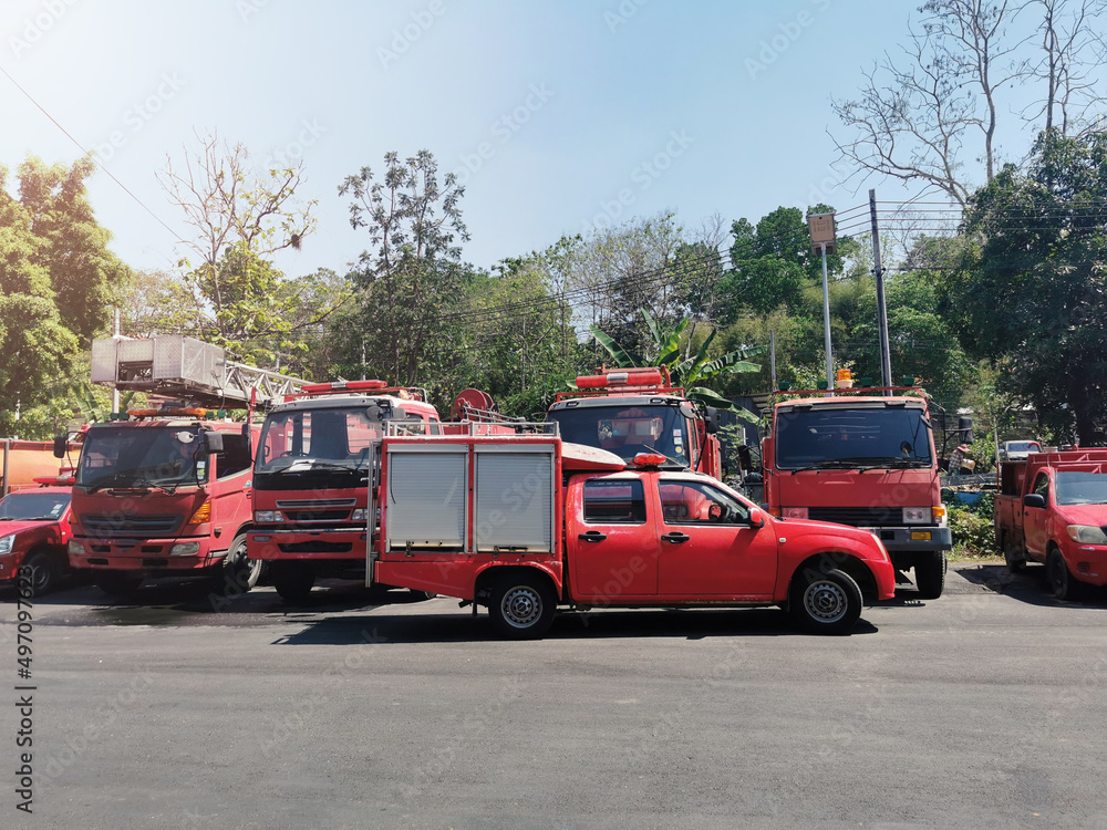 Fototapeta premium Long life red fire and emergency vehicles