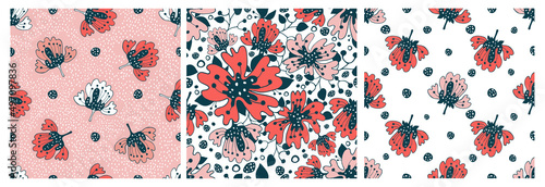Set of simple floral seamless patterns. Collection of poppy flowers, bright large inflorescences, twigs with leaves, hard flowers. 