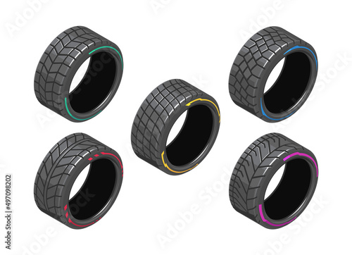 Auto tire in isometry. Set of car tires with different treads. Different 3d auto tire. Auto tire icons on white background. Tire clipart with different tread pattern. EPS 10 vector illustration