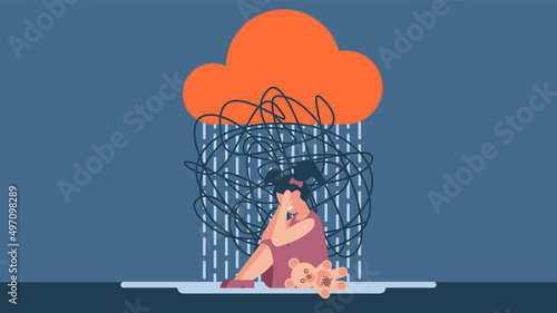 Child protection. The girl is sitting on the floor and crying. Insecurity, bullying of children. Flat design. Bullying, harassment of children. Abstract vector illustration.