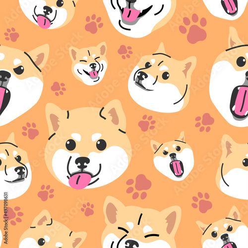 FUNNY SHIBA INU WITH SOME DIFFERENT EXPRESSIONS IN THE ORANGE COLOUR BACKGROUND. FLAT PATTERN DESIGN.