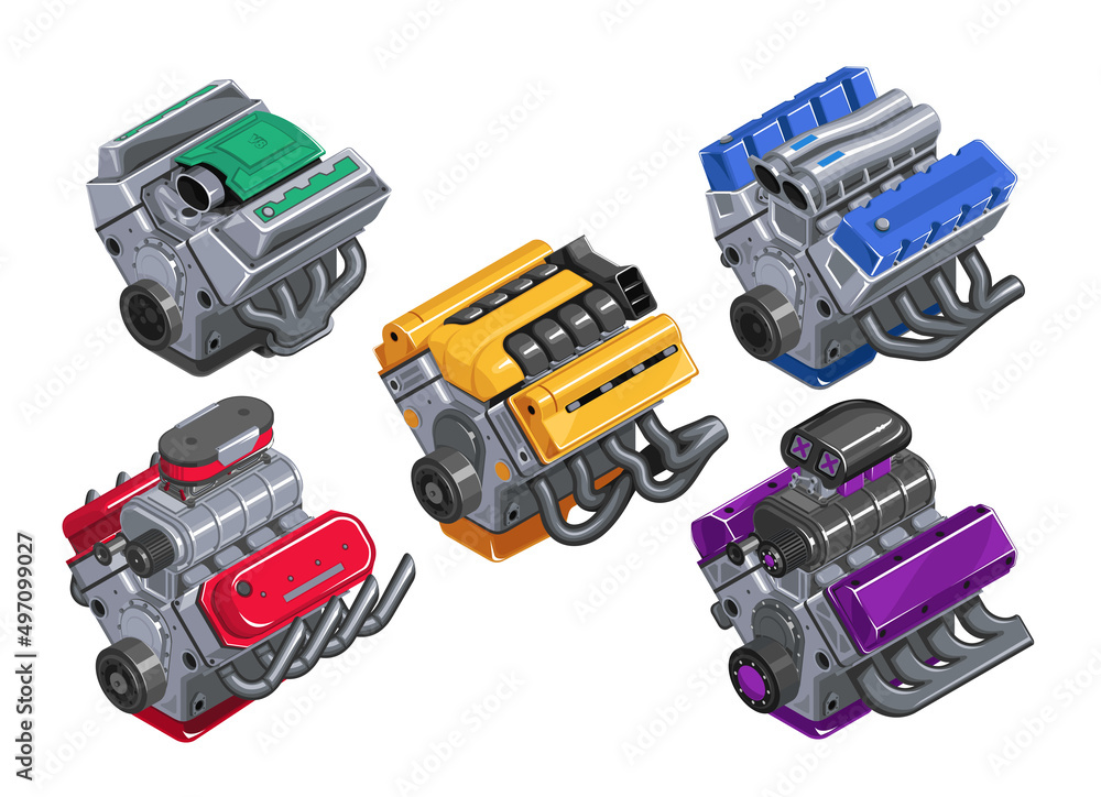 Car engine in isometry. Set of engines of different levels on white background. Detailed 3d engine in cartoon style. Tuned engine. EPS 10 vector illustration