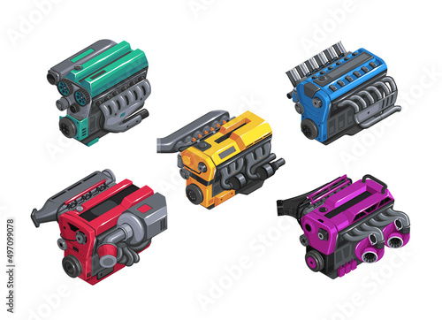 Car engine in isometry. Set of engines of different levels on white background. Detailed 3d engine in cartoon style. Tuned engine. EPS 10 vector illustration © yul1_illustrator