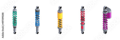 Shock absorber for the car. Racing shock absorber in isometrics. 3d icon of a shock absorber. Set of shock absorber cliparts on white background. Shock absorbers of different modifications. Vector  © yul1_illustrator
