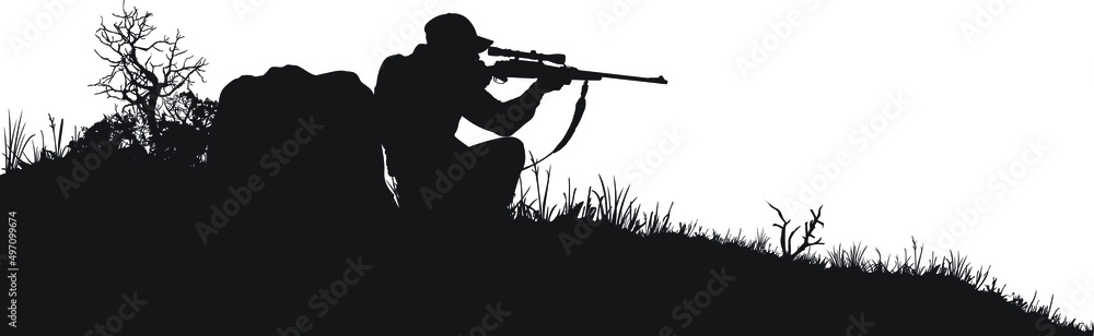 Vector silhouettes of an adult male hunting big game. He's holding a rifle and could be hunting deer, elk, bear, moose, coyote, cougar etc. Vector silhouettes of an adult male hunting big game. He's holding a rifle and could be hunting deer, elk, bear, moose, coyote, cougar etc.