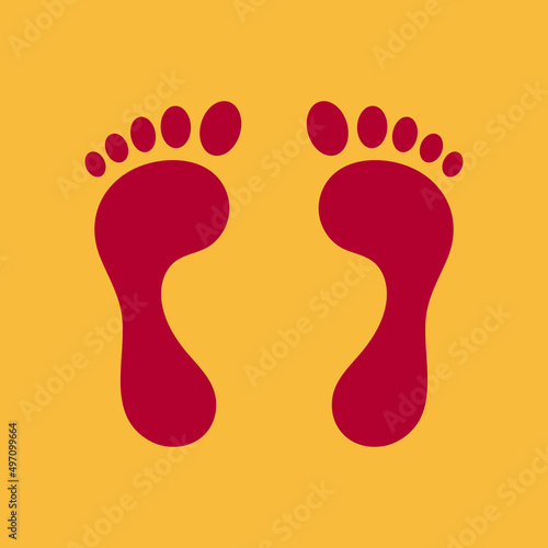Female's red footprint Vector illustration isolated on yellow background. Newly married woman's red footprint. Happy Dhanteras, Goddess Lakshmi footprint. EPS 10 file format.