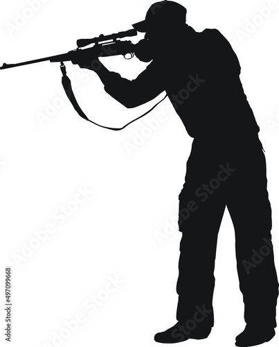 Vector silhouettes of an adult male hunting big game. He's holding a rifle and could be hunting deer, elk, bear, moose, coyote, cougar etc.