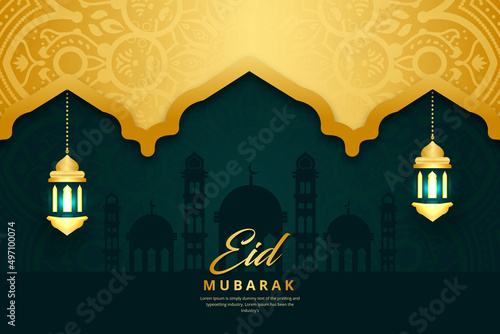 Arabic Islamic Creative Luxury Eid Mubarak background Design With Gold Mandala 
