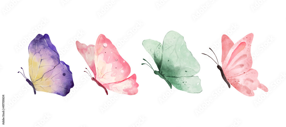 Colorful butterflies watercolor isolated on white background. Purple, yellow, green and pink butterfly. Spring animal vector illustration - obrazy, fototapety, plakaty 