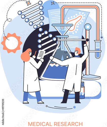 Medical research. Laboratory diagnostic services, Scientists work with equipment and microscope. Virologists in chemistry clinic laboratories, microbiology pharmaceutical research. Vaccine discovery