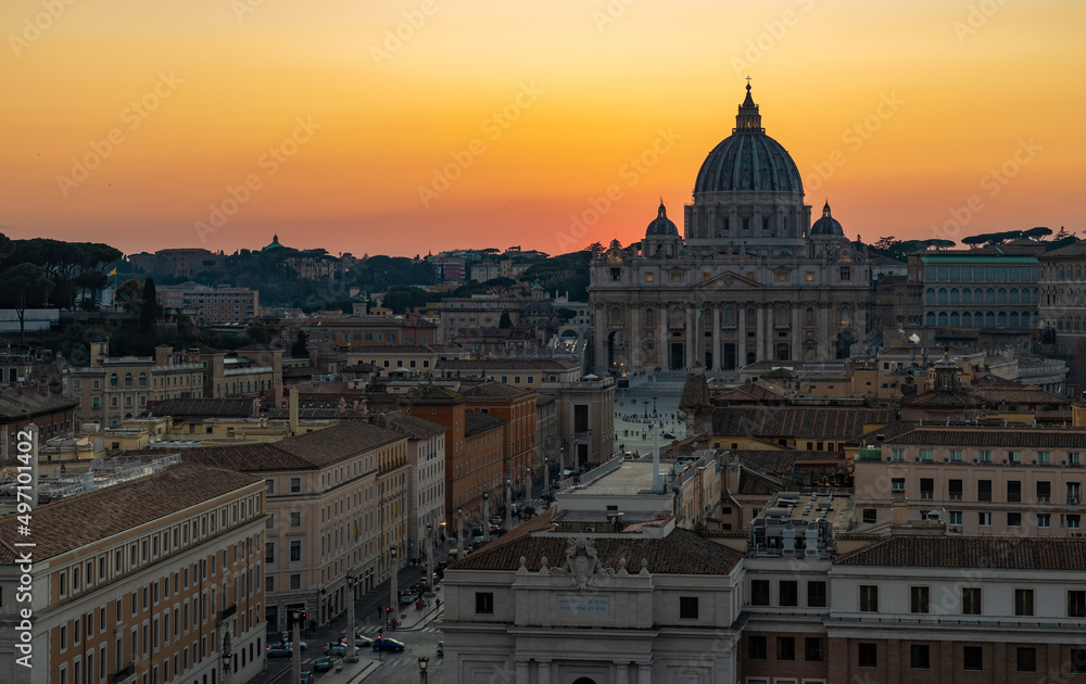 Saint Peter's Basilica and Via della Conciliazione at Sunset at Sunset