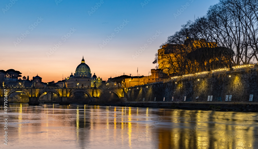 St. Angelo Bridge, Castel Sant'Angelo and St. Peter's Basilica at Sunset