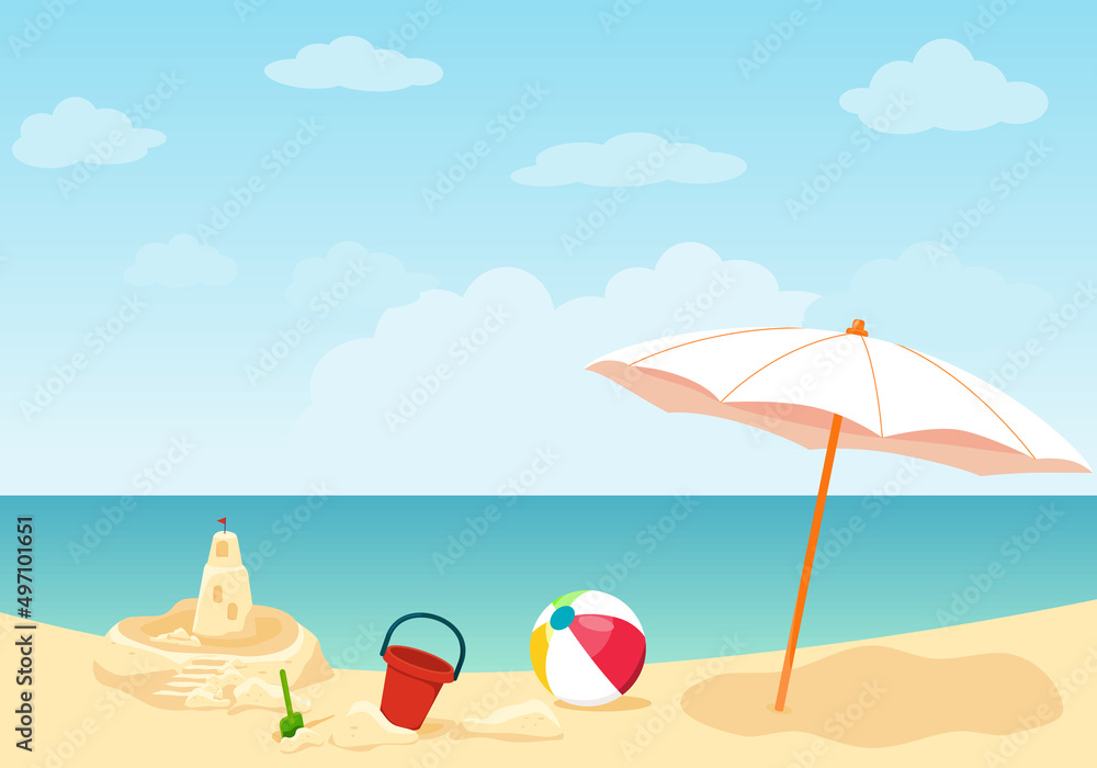 Sand castle on a sandy beach with a blue sea ocean and a clear summer sunny coastline sky in the background. Children's toys left on the sand on vacation under a beach umbrella. Cartoon vector 