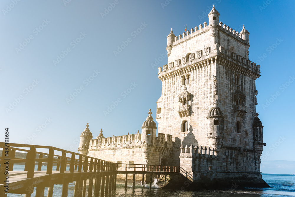 Belem Tower surrounded by water in Lisbon, Portugal
