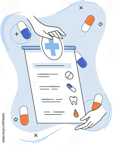 Health care program metaphor, online medical services, protection medicine. Medical insurance, hospital services, preventive check up, sick leave certificate treatment diagnosis patients, telemedicine