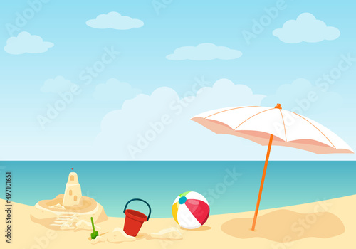 Sand castle on a sandy beach with a blue sea ocean and a clear summer sunny coastline sky in the background. Children's toys left on the sand on vacation under a beach umbrella. Cartoon vector 