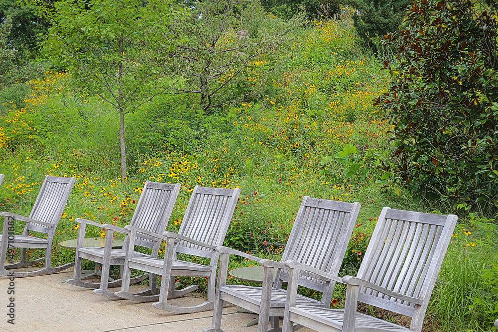 Line of wooden rocking chairs at end of patio with profusion of wildflowers and young trees on hill behind