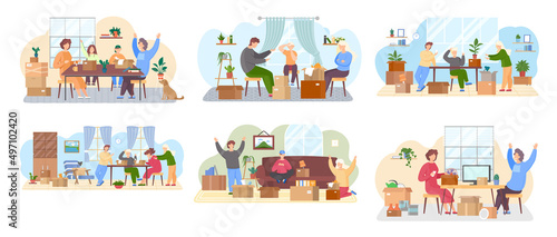 Set of illustrations about people moving to new house, carrying things to apartment, changing place of residence, relocation. Unpacking things after shipping, decorating home. Rental of premises