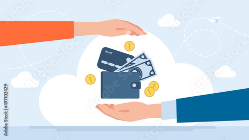 Keep under control spending. The concept of saving. Husband and wife holding credit cards, money, wallet, pennies. Family budget. Cost planning. Save money. Flat business illustration. Vector