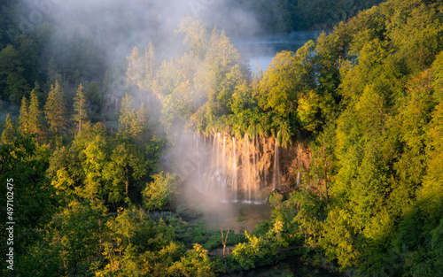 Cold summer morning at Plitvice lakes National park in Croatia