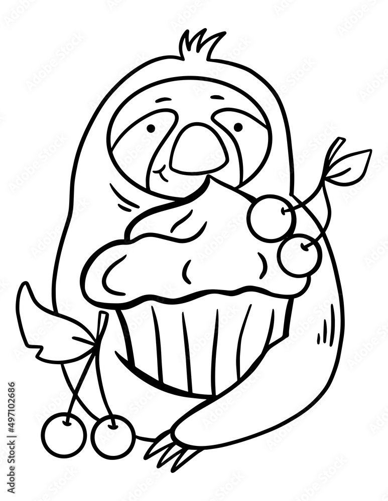 Doodle outline illustration on white background. Summer sloth illustration for coloring book. Comic animal painting. White background.