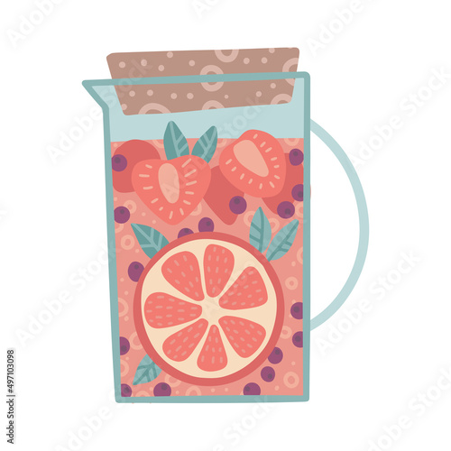 Strawberries and sitrus slices in a glass jug, container with fresh summer coctail. Vegan and refreshment, nutrition with vitamins. Vector flat hand drawn illustration. Grapefruit lemonade drink.