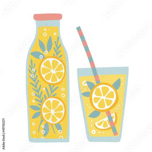 Set of glass and jug with yellow lemonade detox drink, fruit smoothie, organic lemonades with straws. Refreshing summer homemade beverages. Colored flat hand drawn vector illustration isolated