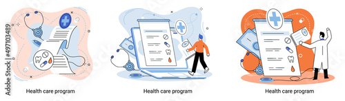 Health care program metaphor, online medical services, protection medicine. Medical insurance, hospital services, preventive check up, sick leave certificate treatment diagnosis patients, telemedicine