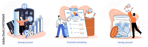 Saving account concept metaphor. People with coins and piggy bank. Accumulation of funds, wealth, passive income. Receiving interest from keeping money, safe future. Banking services, internet payment