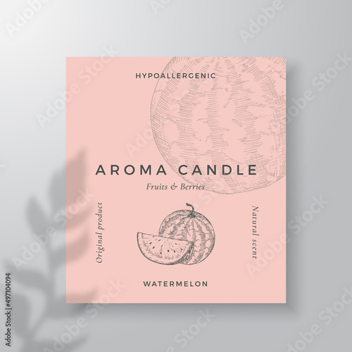 Aroma candle vector label template Watermelon scent from local purveyors advert design Ink style sketch background layout decor. Natural smell product package text space